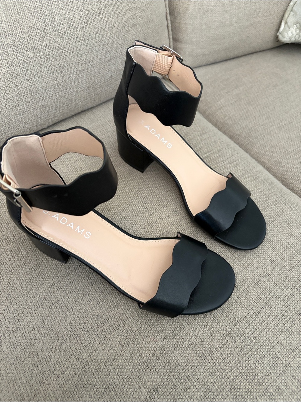 J.Adams Black Scalloped Ankle Strap Block Heel Sandals